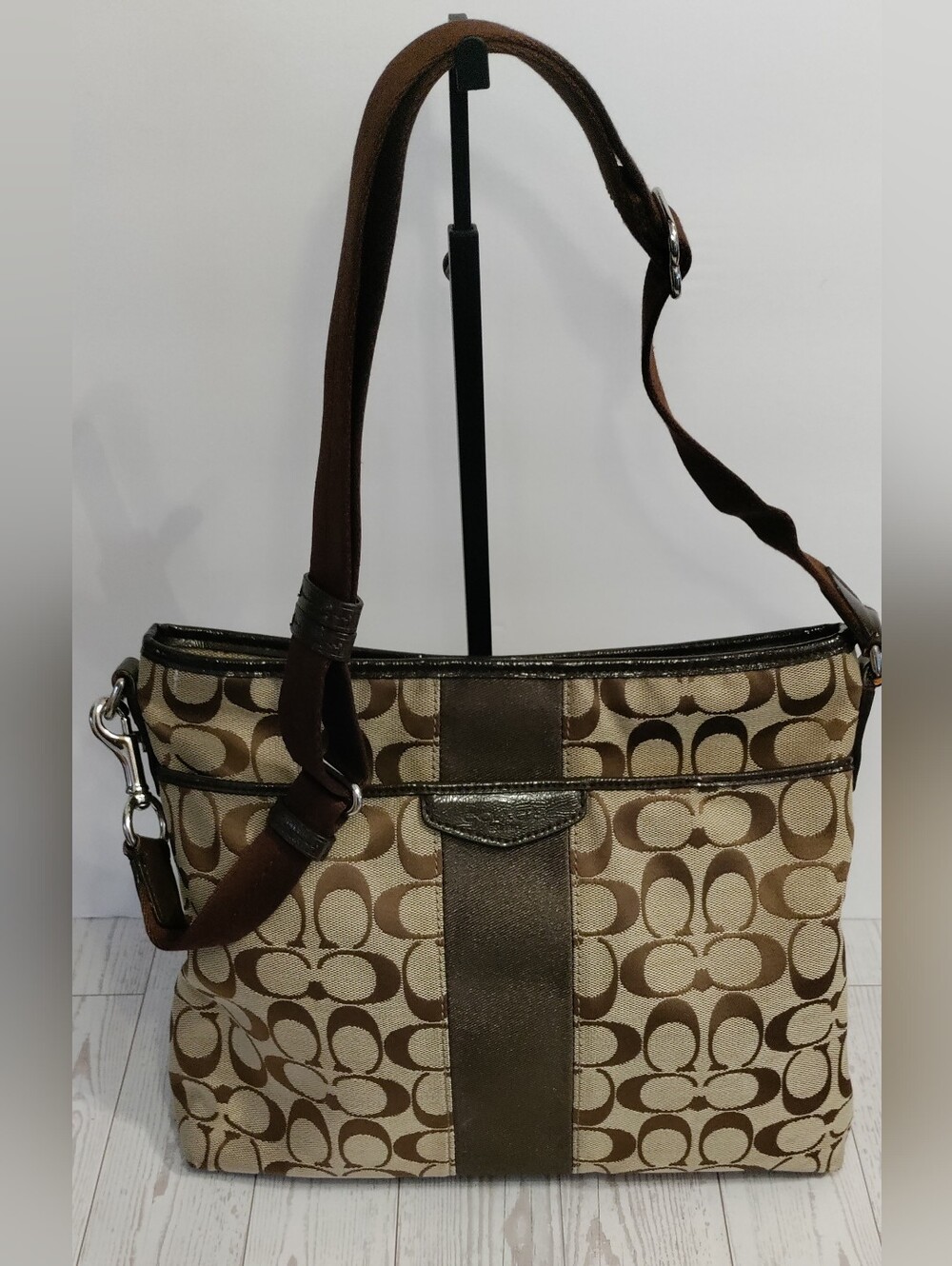 Coach Signature Stripe Jacquard Khaki Brown Shoulder Crossbody Bag